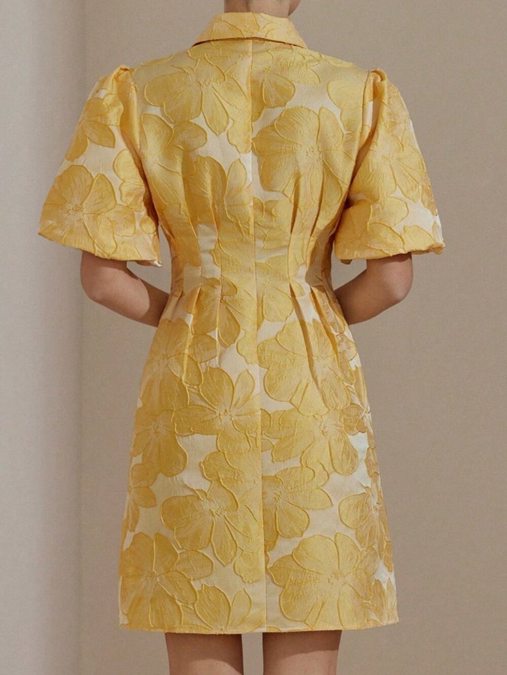 Yellow Elegant Women's Puff Sleeve Jacquard Cutout Waist Pleated Mini Dress - Picture 2 of 7